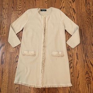 Kasper Camel Fringe Trim Long Cardigan